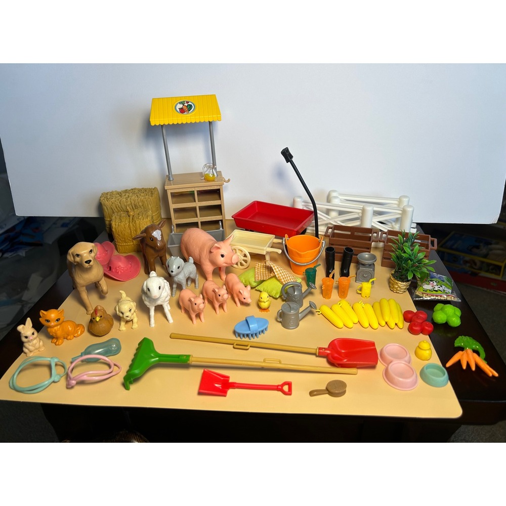 Barbie Large Farm Animal Playset Lot Market Stand Wagon Tools Figures